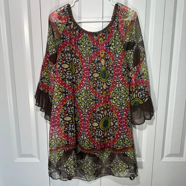 Mini Dress Off Shoulder L Bell Sleeve Paisley Sheer Boho Festival Hippie Gypsy - Image 2