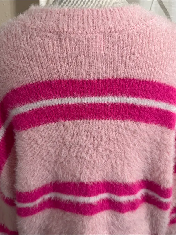 No Boundaries Pink Fuzzy Crewneck Sweater with Hot Pink Stripes - Image 5