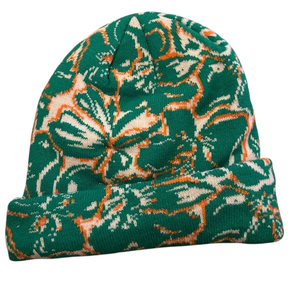 New FREE PEOPLE Jumping Jacquard Beanie Green Floral knit hat FP Movement - Image 3