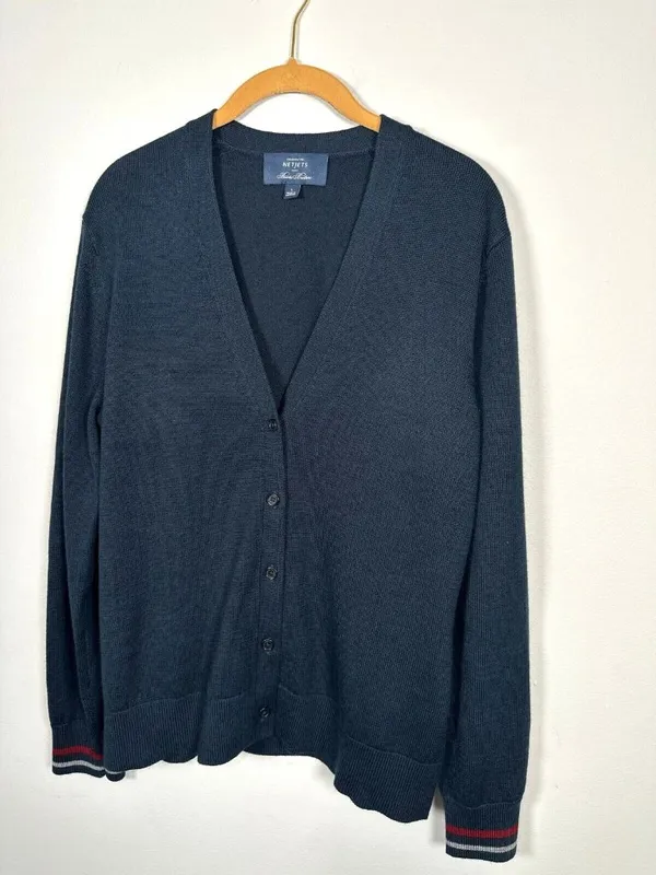 Brooks Brothers Large Womens Cardigan Striped Wrists Navy Blue V-Neck Wool Blend - Image 4