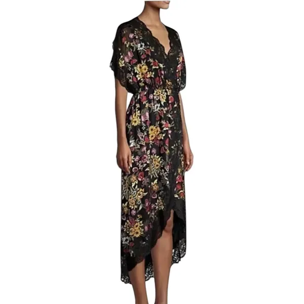 Alice + Olivia Adele Floral Wrap Midi Dress with Lace Trim Black Size 2 - Image 7