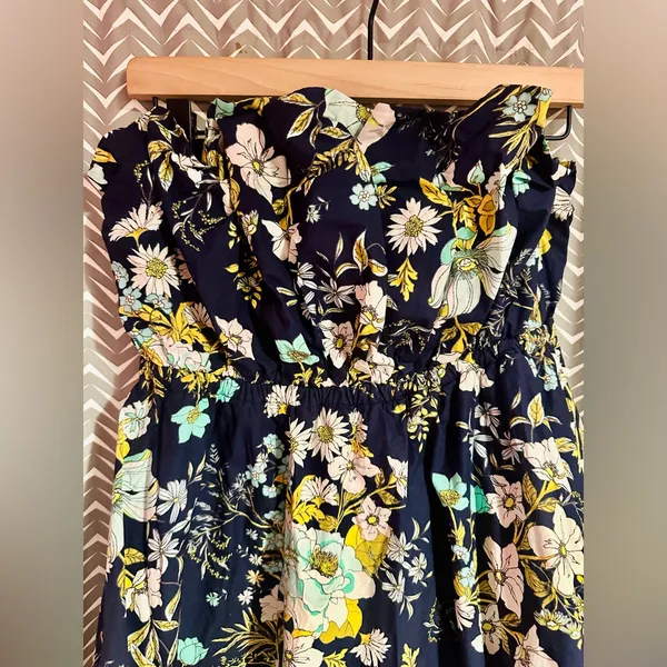 Anthropologie | Floral Ruffled Strapless Blue A-Line Dress, Size M - Image 5