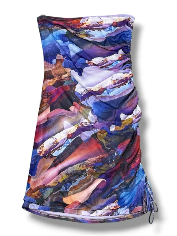 Y2k Mint Vanilla Printed Mesh Cinch Side Strapless Bodycon Mini Dress‎ Blue 8 - Image 13