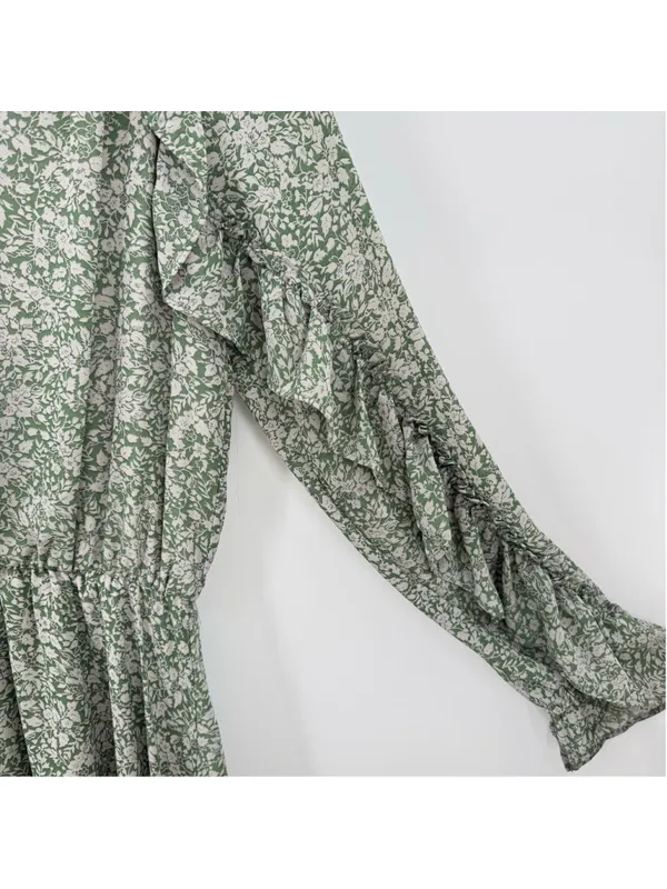 Illa Illa Green Cream Floral Midi Dress Cottagecore Ruffle Sheer Prairie Fairy Boho Large - Image 3