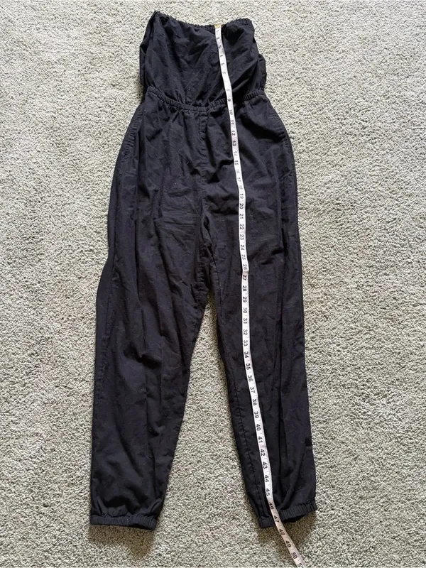 Aerie Black Strapless Jumpsuit Sz M Cotton Gauzey Smocked Back Pockets Tie Back - Image 2