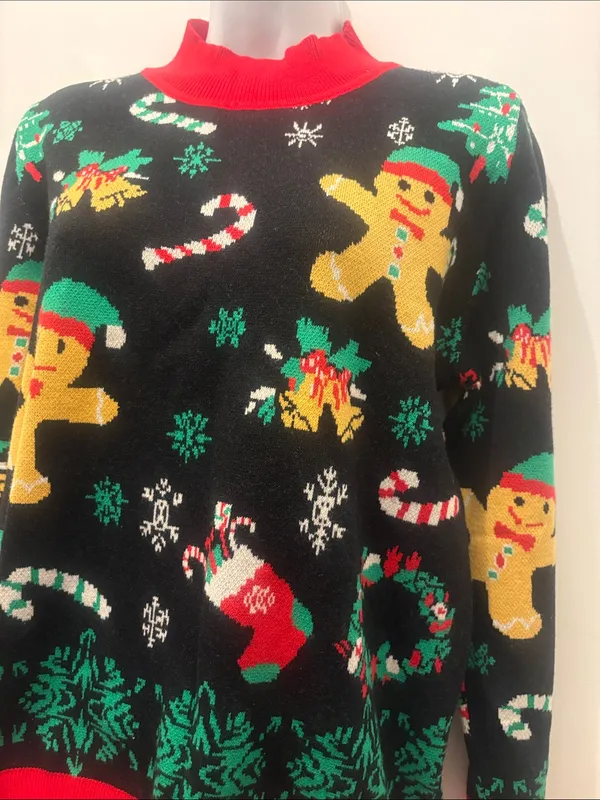 New Christmas Festive Gingerbread Crewneck Sweater - Black/Red - Image 4