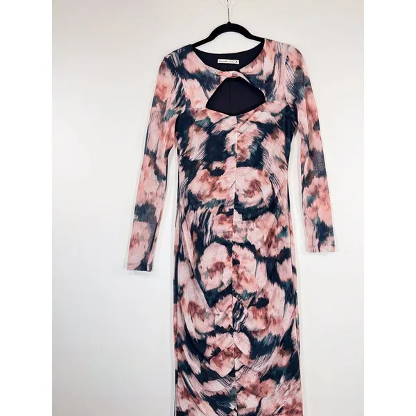 Abercrombie Fitch Dress Black Midi Bodycon Abstract Cutout Long Sleeve Medium - Image 4
