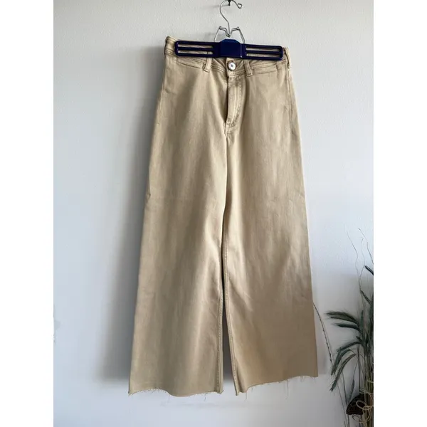 Maeve High Rise Wide Leg Khaki Tan Pants Raw Hem‎ Stretch Cotton Tencel 26 - Image 2