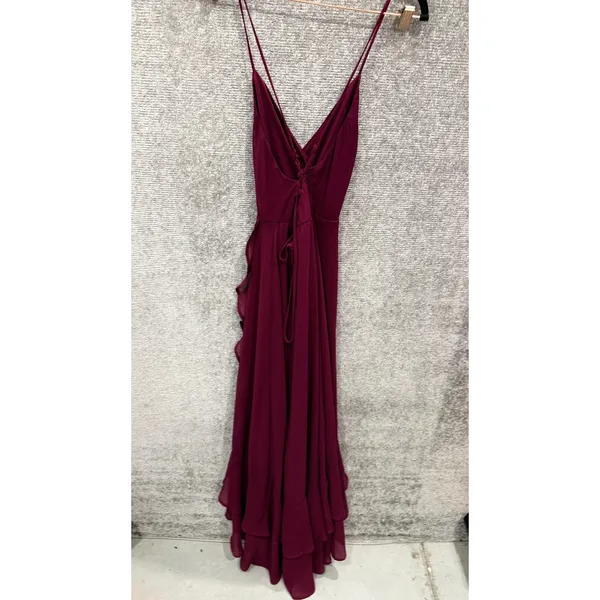 Lulus Women Maxi Dress S Burgundy Cascading Ruffles Lace Up Back 66642 - Image 3