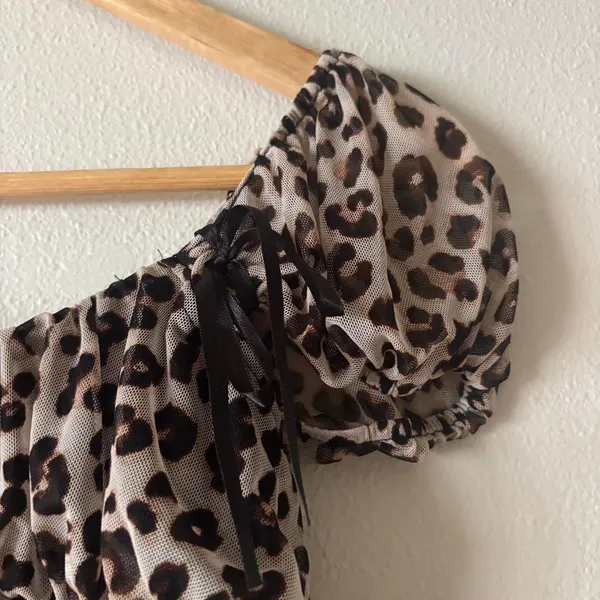 Vibe Sportwear Leopard Print Mesh Sheer Babydol Y2K Puff Sleeve Blouse Medium - Image 2