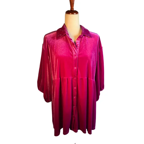 Pink Velour Button Up Blouse 3/4 length sleeves Size L - Image 2