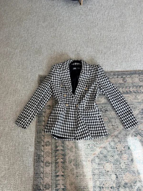 Zara houndstooth double breasted gold button oversized blazer jacket M  - Image 13
