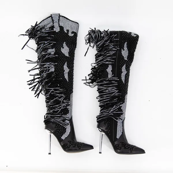 Azalea Wang Crewe Black Silver Crystal Embellished Fringe Western Boots Shoes 6 - Image 4