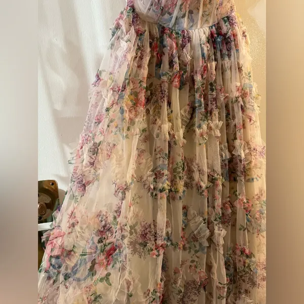 Faeriesty Ruched Bustier Ruffle Trim Hem Floral Print Tube Dress - Image 8