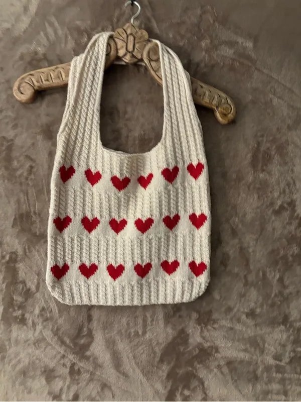 Women’s Cream Knit Heart Tote Bag with Red Hearts - Image 3
