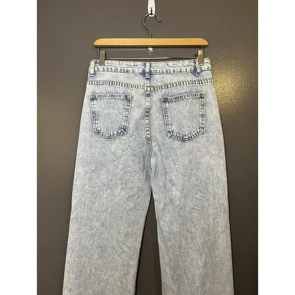 Jeans Womens M Blue Acid Wash High Rise Pearl Beaded Straight Denim Pants - Image 6