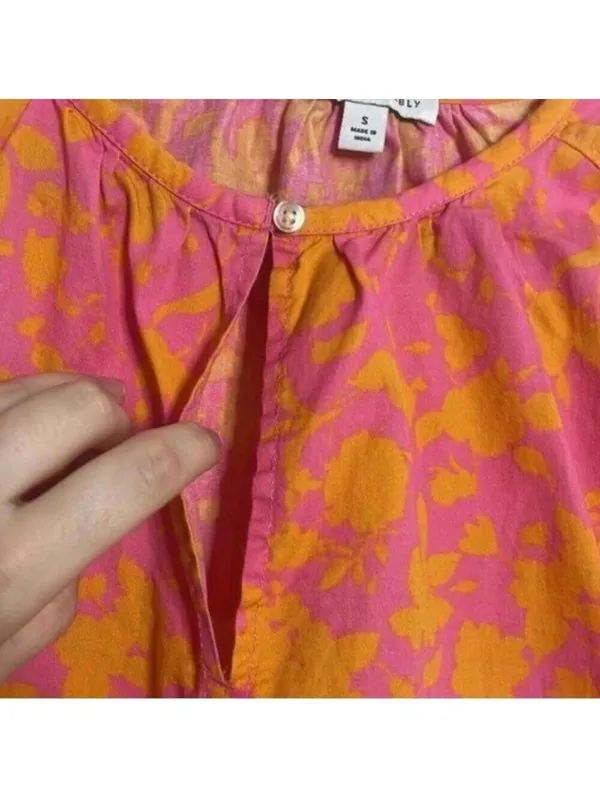 Free Assembly Pink and Orange Floral Shirred Short Sleeve Dress Pockets - Image 7