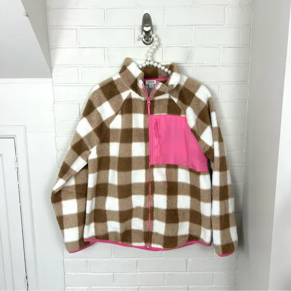 J.Crew Tan & White Check Plaid Fleece Zip Up Jacket Size M - Image 2