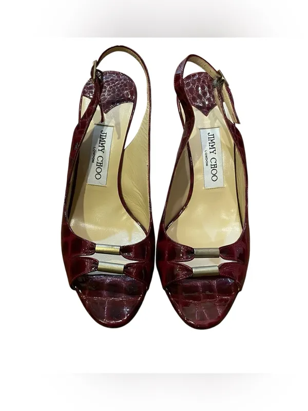 Jimmy Choo Trellis Bordeaux Croc Patent Leather Slingback Heels Women Size 37.5 - Image 2