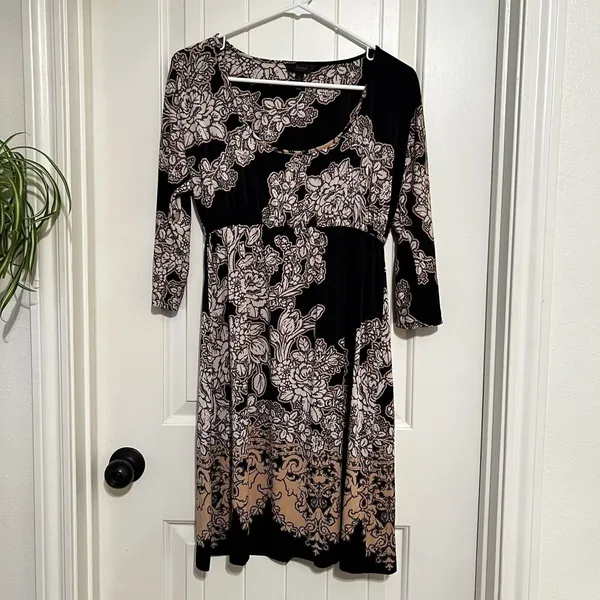 Soma Women’s Round Neck 3/4 Sleeve Knee Length Dress Small Black Cream Floral - Image 2