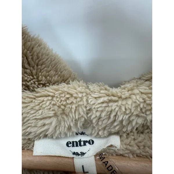 Entro Women Tan Blue Plaid Open Front Fur Lined‎ Shacket Hood Wool Blend Size L - Image 5