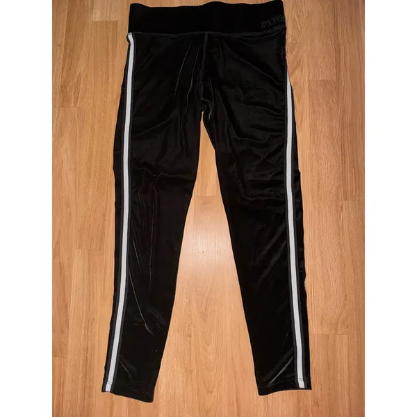 Victoria's Secret PINK Black Velvet Leggings White Side Stripe Velour Pants M - Image 3