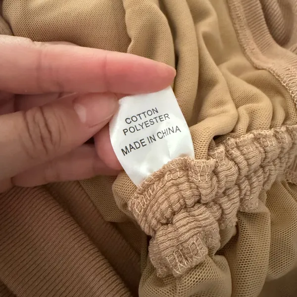HELLO MOLLY Ribbed Knit Bodycon Ruched Tan Brown Midi Dress Sz M - Image 8
