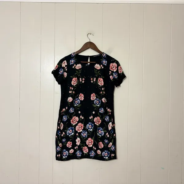 Abercrombie & Fitch Black Floral Mini Dress S Short Sleeve A-Line Cottagecore - Image 2