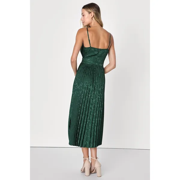 NWT Lulus Regal Romance Emerald Floral Jacquard Pleated Satin Midi Dress Size XL - Image 3