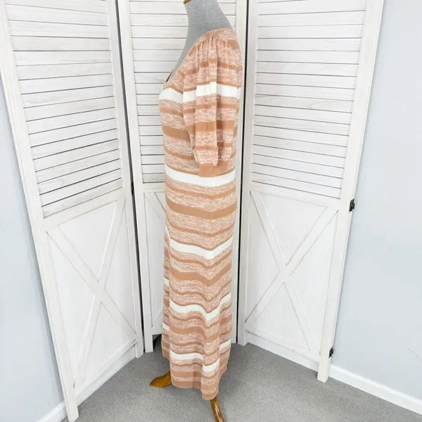 Amour Vert‎ Vivienne Striped Knit Sweater Dress Tan White Large Puff Sleeve Midi - Image 3