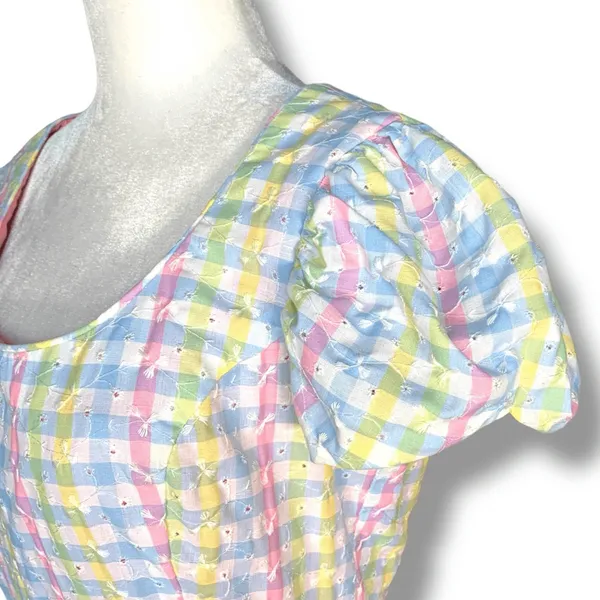 Vintage 70s Pastel Gingham Smocked Maxi Dress‎ Puff Sleeve Cottagecore Romantic - Image 6