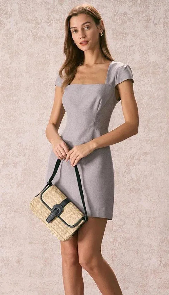 RIHOAS The Grey Square Neck Cap Sleeve Mini Dress M 47 - Image 2