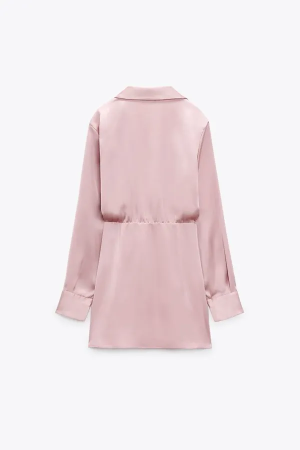 mini dress satin effect drapped long sleeve pink party wedding coctail - Image 9