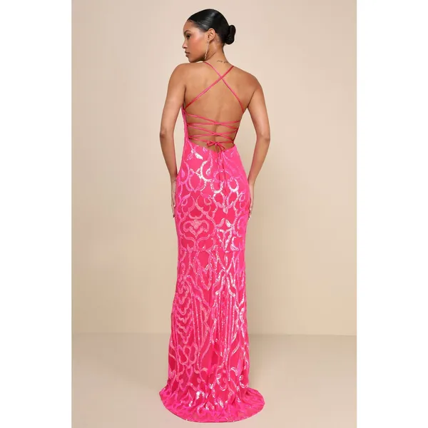 NWT Lulus Perfect Enchantment Hot Pink Sequin Lace-Up Mermaid Maxi Dress Ball XL - Image 3