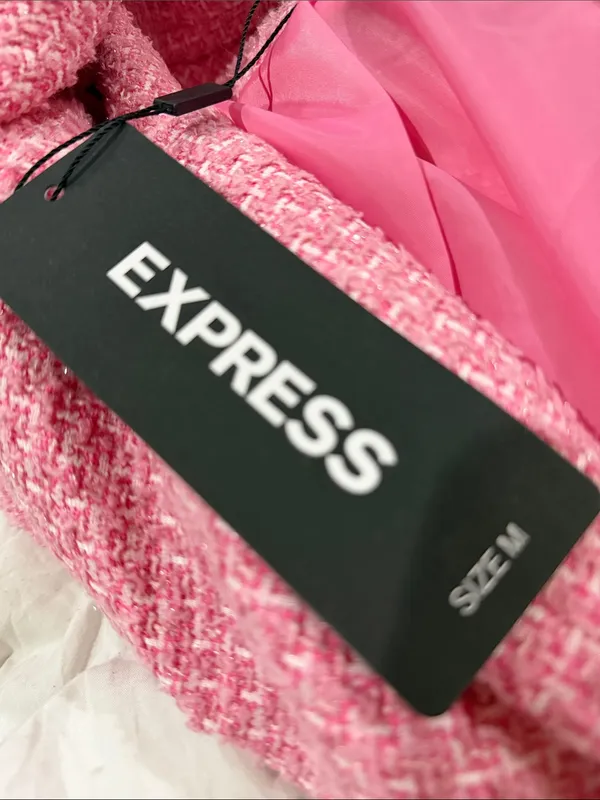 NWT EXPRESS $148 Hourglass Tweed Pink Bouclé Single-Button Blazer Jacket Medium - Image 8