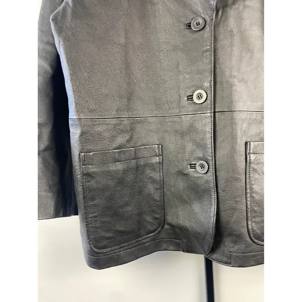 Vtg 90s Bagatelle Black Leather Blazer Jacket Womens 12P Petite 3-Button Coat - Image 3