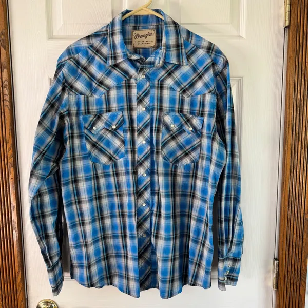 Wrangler Western Snap Shirt Plaid Long Sleeve Cowboy Blue White‎ Silver Treaded - Image 7