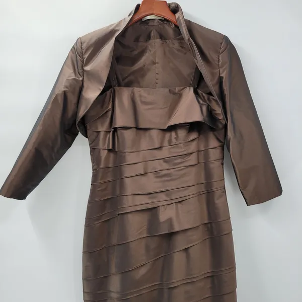 Rina di Montella Silk Jacket Dress 2 Pc 10 Brown Trumpet Tiered Mother of Bride - Image 15