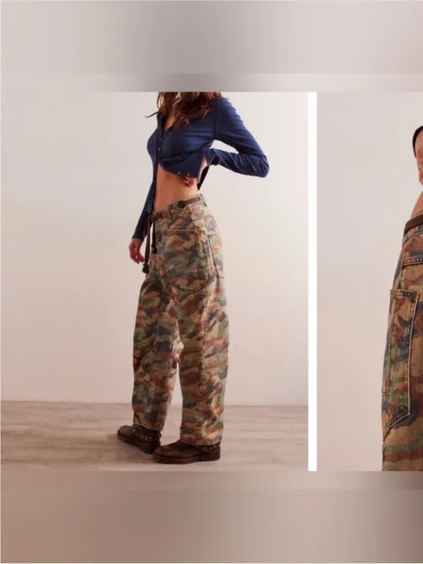 NWOT Free People We The Free Moxie Printed Low-Slung Barrel Jeans Green Camo 29 - Image 9