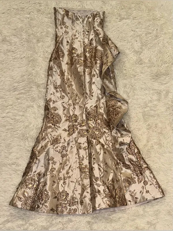 NEW Donna Karan New York Metallic Ruffle Detail Strapless Gold Gown sz 2 - Image 7