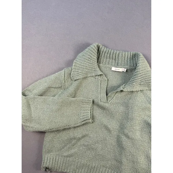 Lush Womens Sage Green Ribbed Knit Polo V-Neck Cropped Sweater Small - Image 2