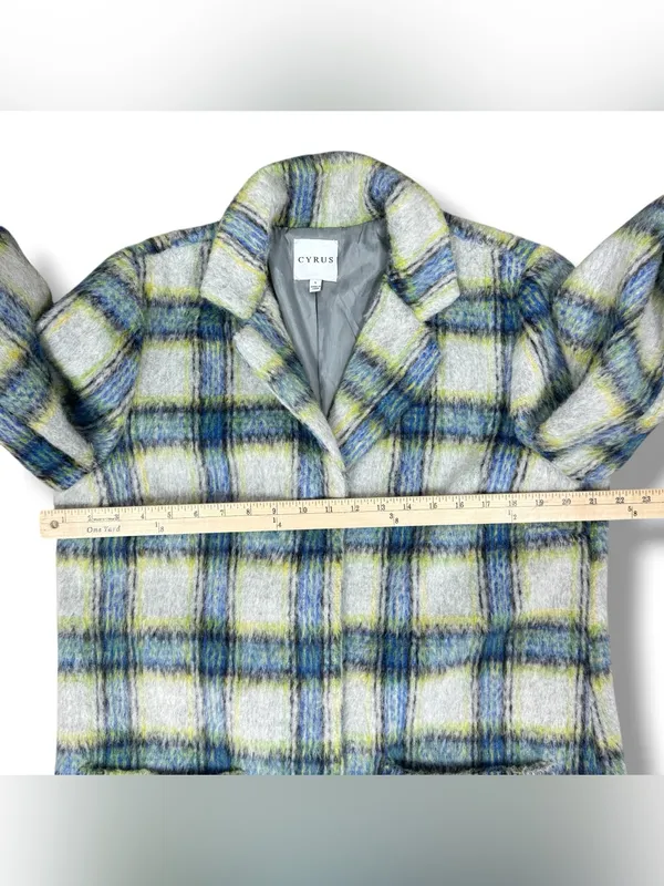 Cyrus Plaid Wool Blend Long Midi Overcoat Coat Grey Green Blue Large Winter - Image 11