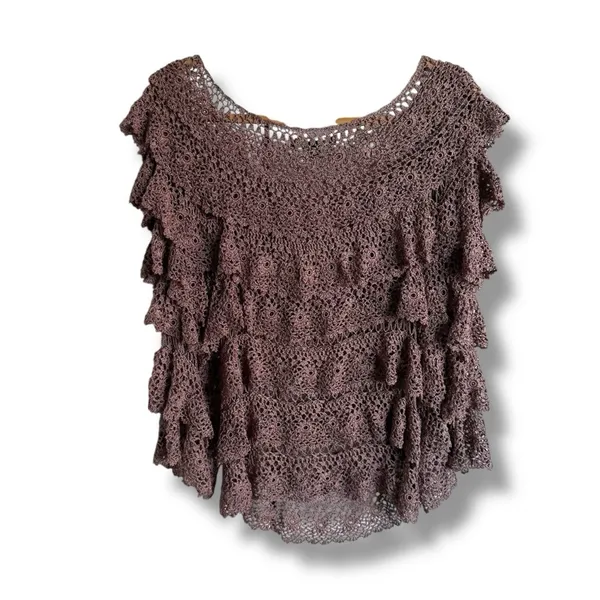 Boston Proper Brown Bell Sleeve‎ Ruffled Crochet Tiered Sweater Top XS/S - Image 3