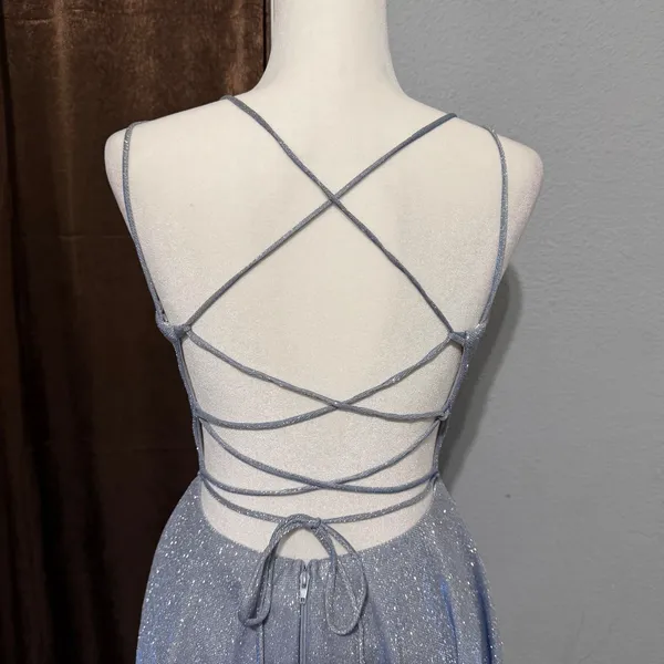 Windsor Light Blue Glitter Skater Dress Siz S V-Neck Lace Up Back Mini Prom Glam - Image 6