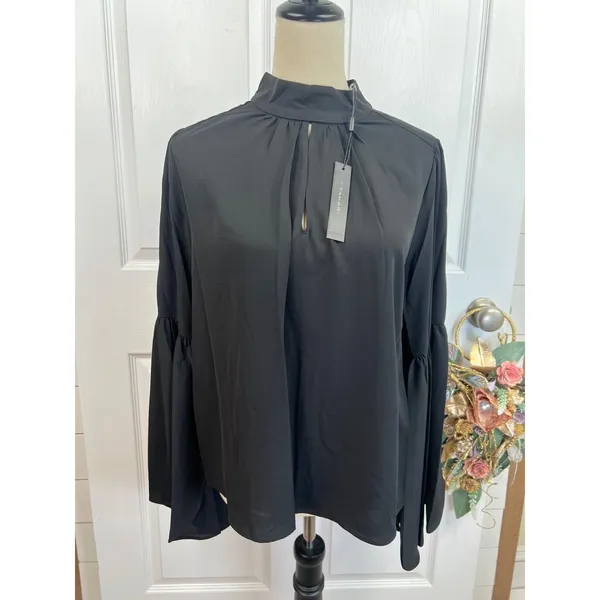 T Tahari Blouse Womens Size M Black Mock Neck Keyhole Large Bell Sleeve Chic - Image 6