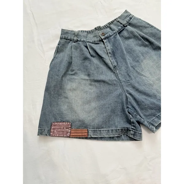 Vintage High Waisted Denim Shorts Pleated Acid Wash Patchwork Boho Jean Size M - Image 5
