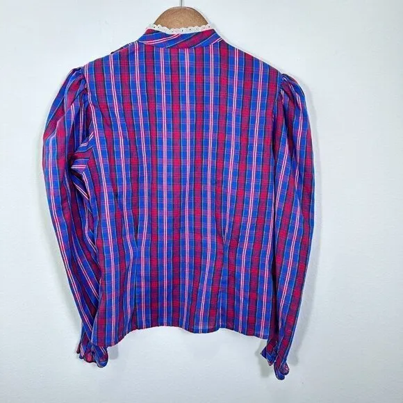 Vintage 70s Plaid Prairie Blouse Eyelet Lace‎ Victorian Revival High Neck Ruffle - Image 2