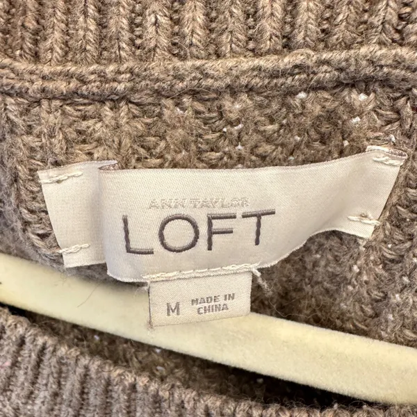LOFT Ann Taylor Brown Cotton Camel Hair Blend Pointelle Raglan Sweater Women's M - Image 6