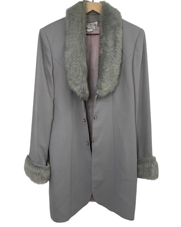 Vintage Caramia Faux Fur Trim Coat Ice Princess Gray Blue Womens 10 Medium - Image 2