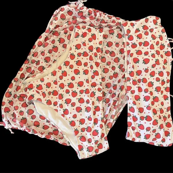 Size 4XL 3 piece strawberry print bikini top bottom coverup EUC - Image 2
